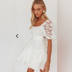 Sofia Leslie White Lace Puff Sleeve Mini Dress Bridal Cottagecore Bow Back - M